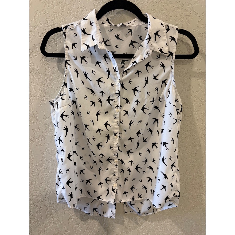 Tally Weijl Sleeveless Button Up Blouse White Black Swallow Bird Print Size M